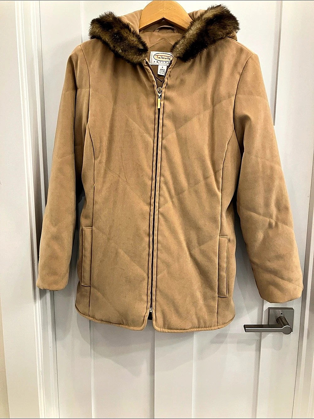 Talbots Faux Fur Trim Puffer Jacket in Camel Brown